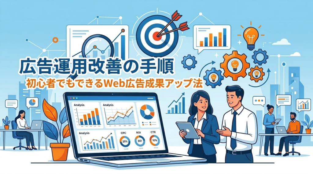 Web広告運用改善の解説イラスト。データ分析が表示されたノートPCと、話し合うビジネスパーソンを描画。