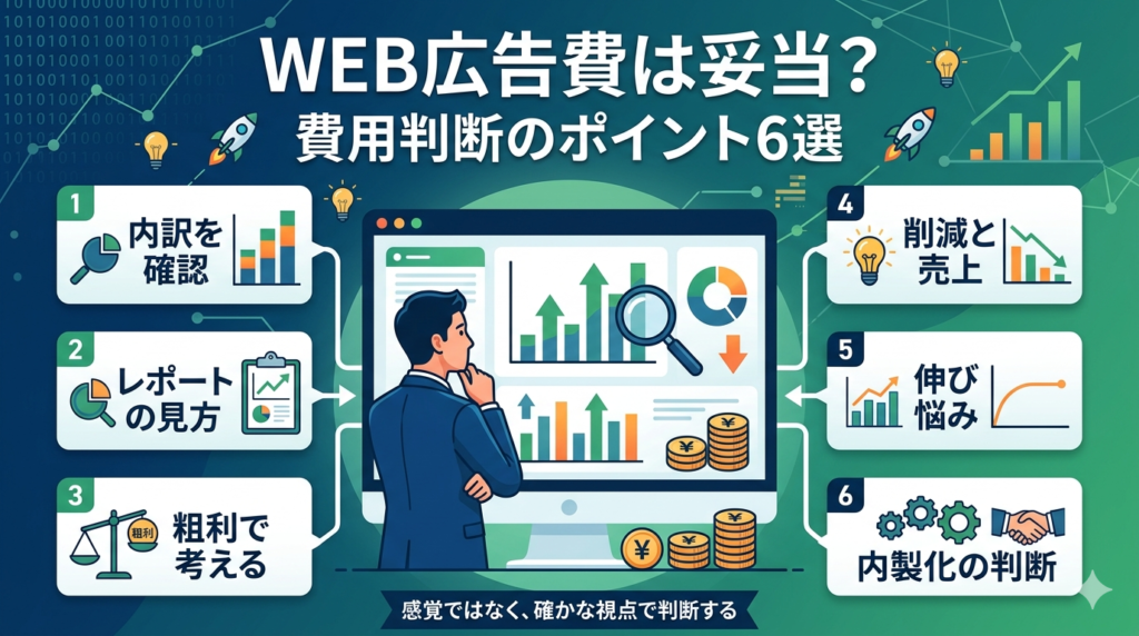 PC画面でデータを確認する男性、および6つの判断ポイントのアイコンが描かれたインフォグラフィック画像。