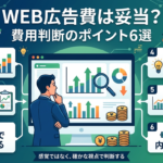 PC画面でデータを確認する男性、および6つの判断ポイントのアイコンが描かれたインフォグラフィック画像。