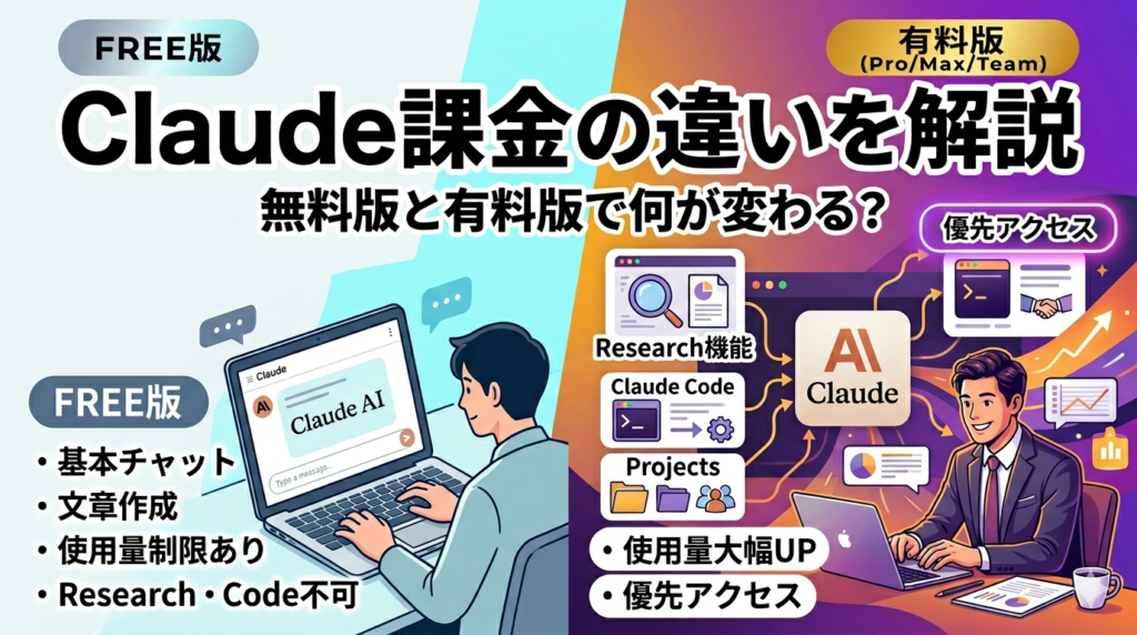 Claudeの無料版と有料版（Pro/Max/Team）の違いを比較した画像です。左側には無料版の制限（基本チャットのみ、使用量制限あり）が、右側には有料版のメリット（使用量大幅UP、Research・Claude Code・Projects機能、優先アクセス）が、対照的なイラストとテキストで分かりやすく描かれています。